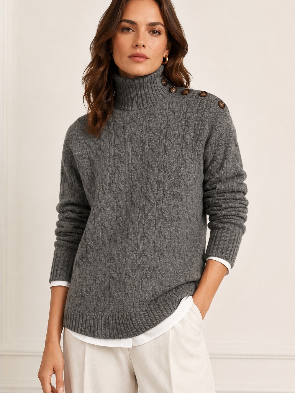 Polo Ralph Lauren Cashmere Wool Cable Knit Turtleneck Sweater S Gray Button